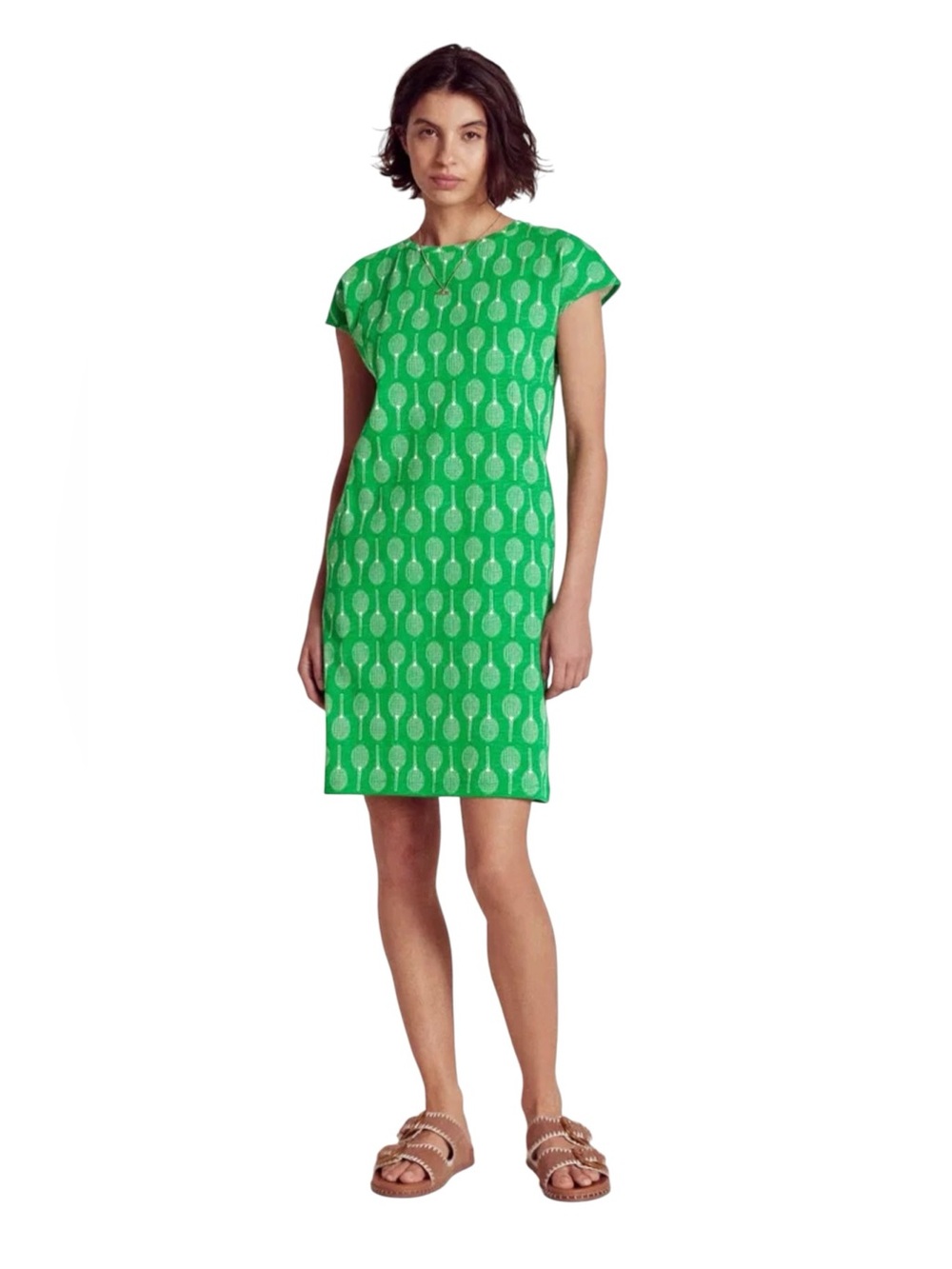 Preppy Boden Green Leah Jersey Tennis Racket Print Short Sleeve Dress Sz 10L